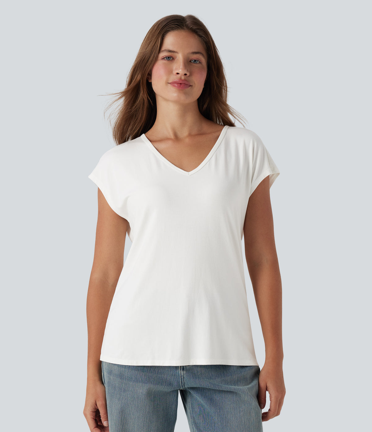 V Neck Short Sleeve Casual T-Shirt — White — view 5