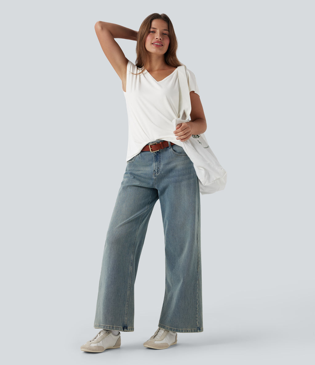 V Neck Short Sleeve Casual T-Shirt — White — view 6