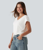 V Neck Short Sleeve Casual T-Shirt — White — view 3