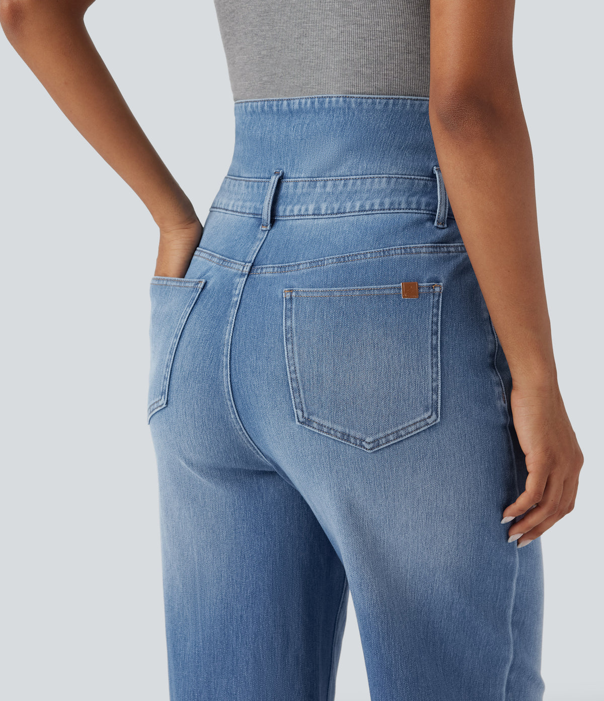 Foldover High Waisted Straight Leg Casual Jeans with Pockets — Tide Blue Denim — view 7