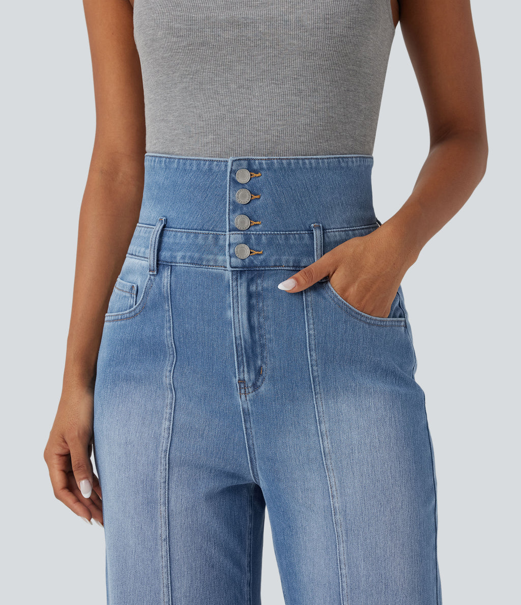 Foldover High Waisted Straight Leg Casual Jeans with Pockets — Tide Blue Denim — view 6