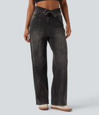 Foldover High Waisted Straight Leg Casual Jeans with Pockets — Poppy Seed Denim — view 9