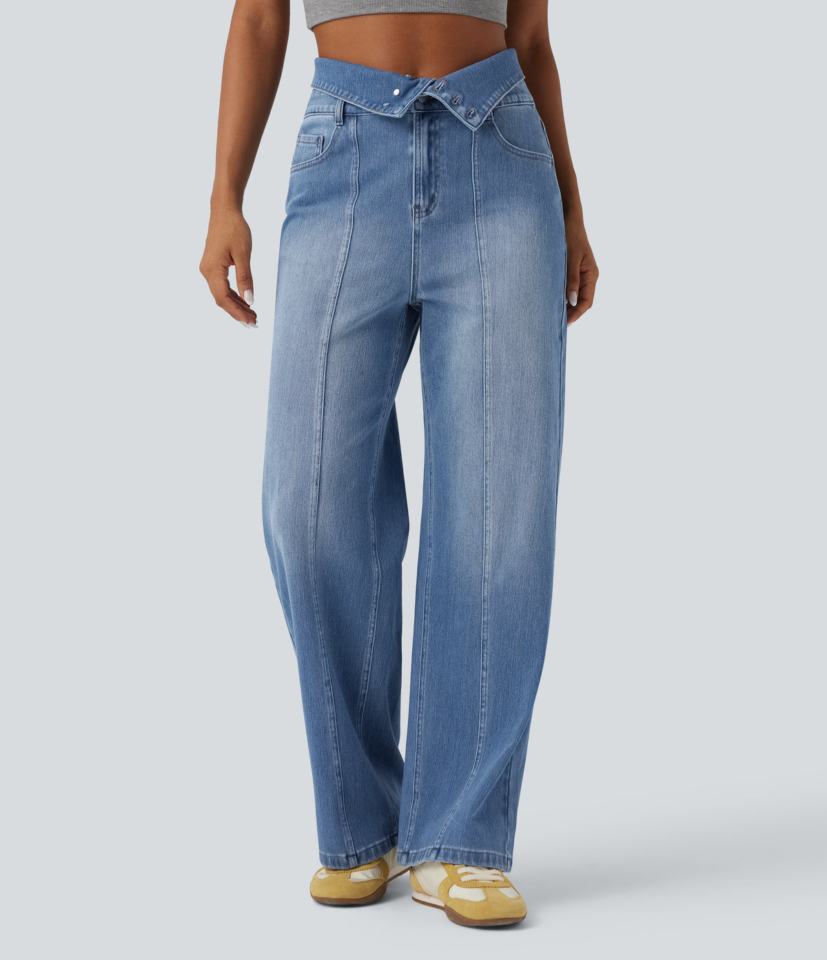 Foldover High Waisted Straight Leg Casual Jeans with Pockets — Tide Blue Denim — view 4