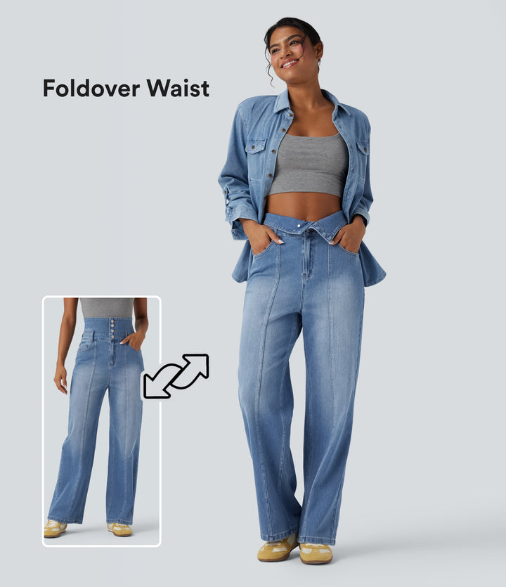 Foldover High Waisted Straight Leg Casual Jeans with Pockets — Tide Blue Denim — view 1