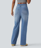 Foldover High Waisted Straight Leg Casual Jeans with Pockets — Tide Blue Denim — view 3