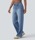 Foldover High Waisted Straight Leg Casual Jeans with Pockets — Tide Blue Denim — view 2