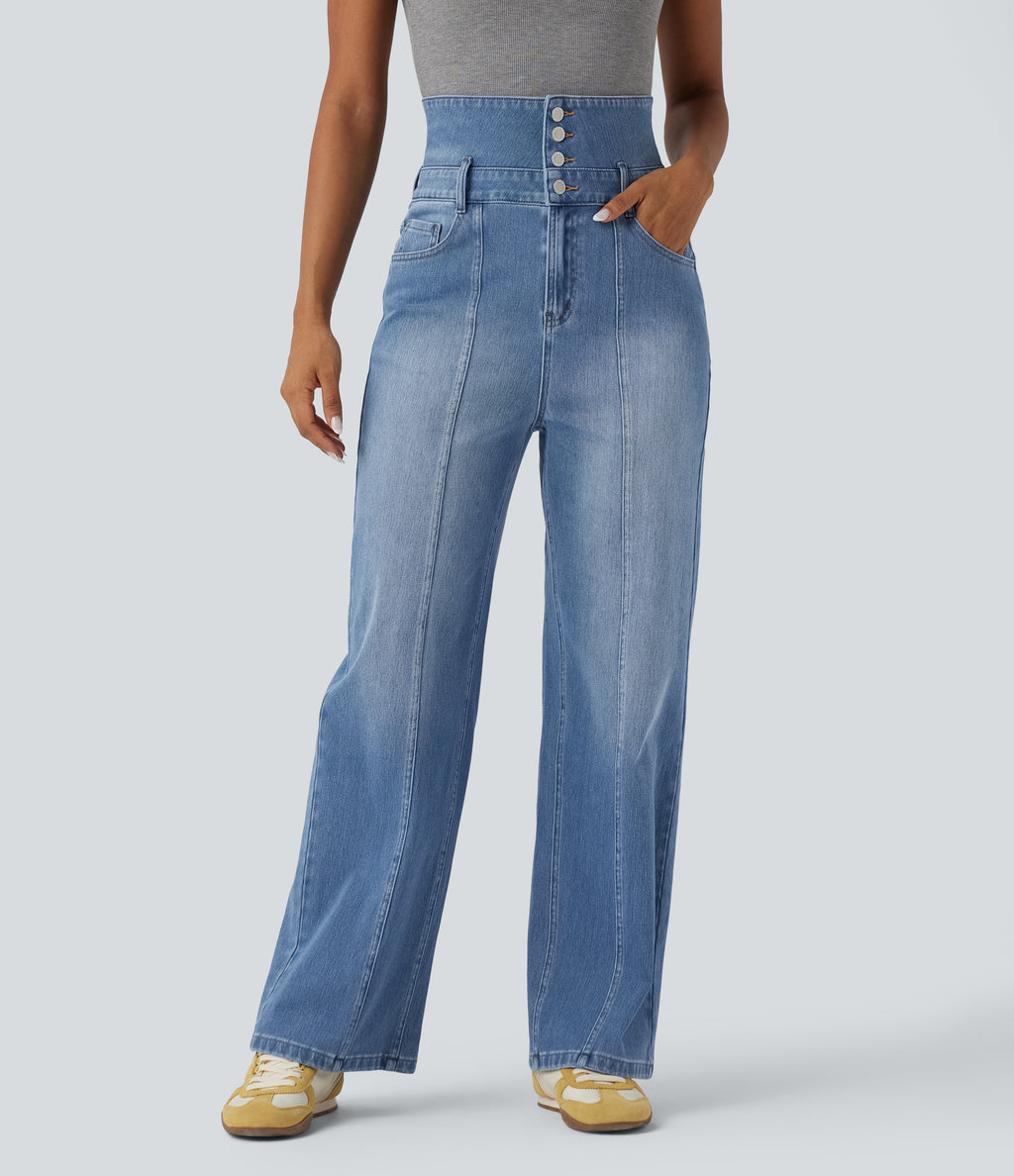 Foldover High Waisted Straight Leg Casual Jeans with Pockets — Tide Blue Denim — view 8