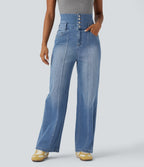 Foldover High Waisted Straight Leg Casual Jeans with Pockets — Tide Blue Denim — view 8