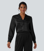 V-neck Long Sleeve Satin Work Top — Black — view 8