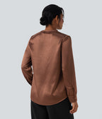 V-neck Long Sleeve Satin Work Top — Russet — view 3
