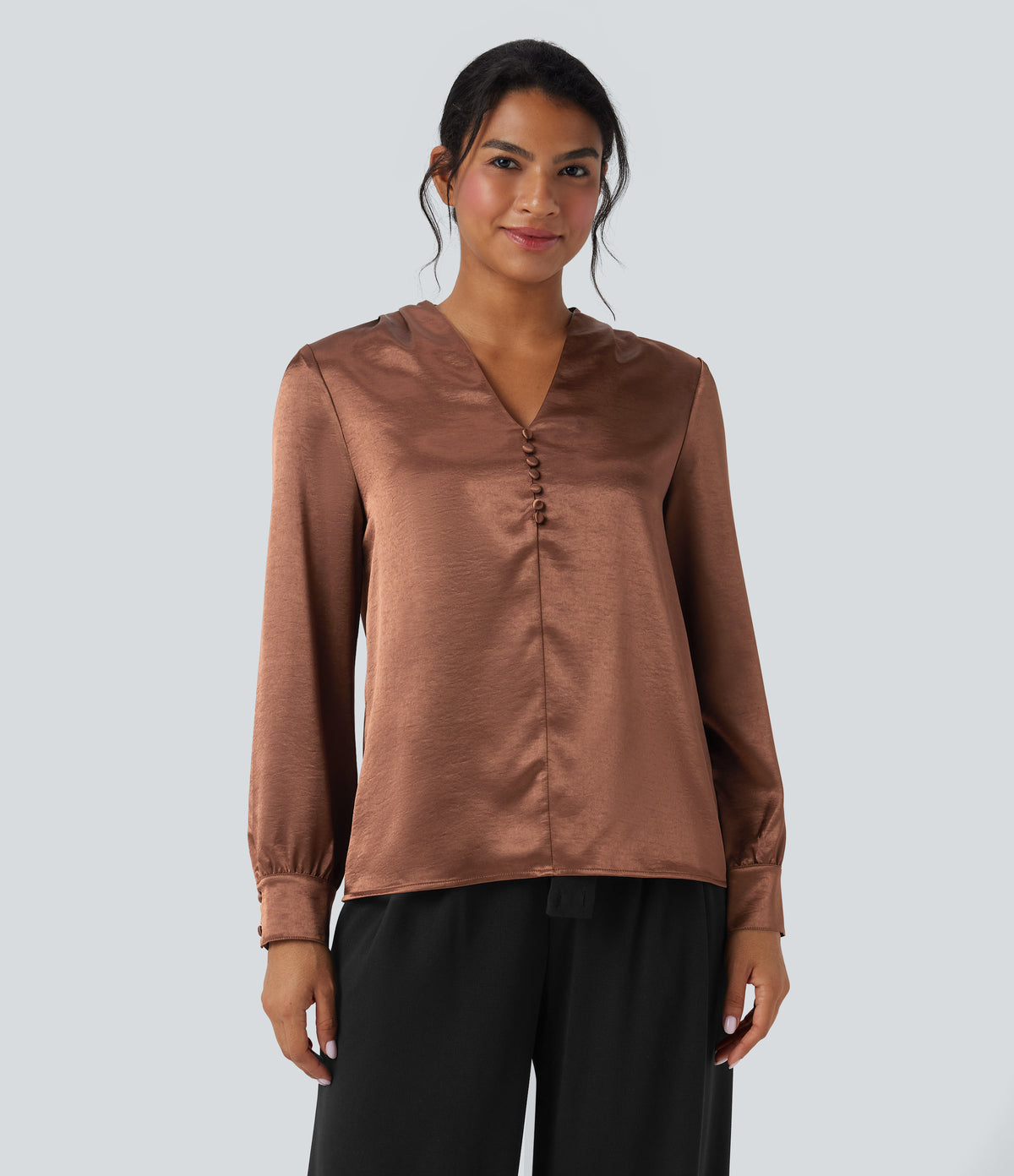 V-neck Long Sleeve Satin Work Top — Russet — view 5