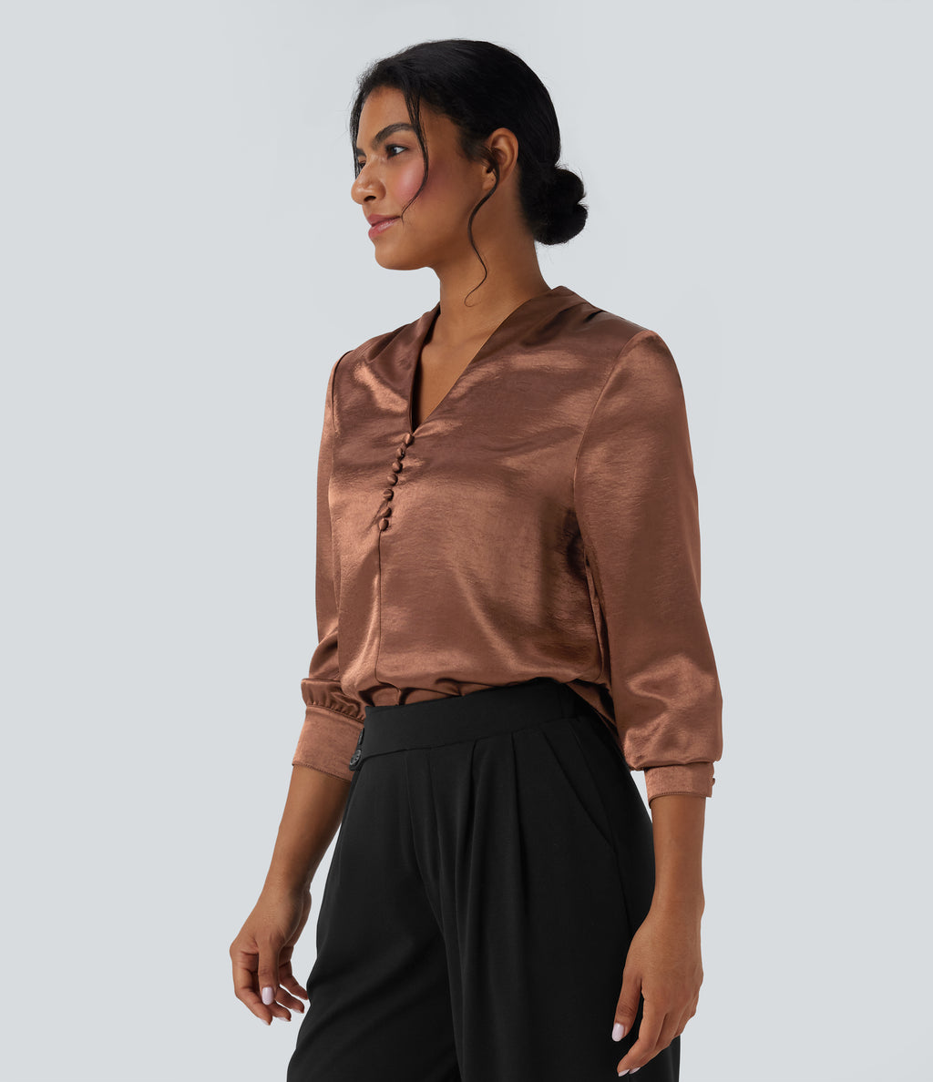 V-neck Long Sleeve Satin Work Top — Russet — view 4