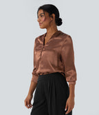 V-neck Long Sleeve Satin Work Top — Russet — view 4