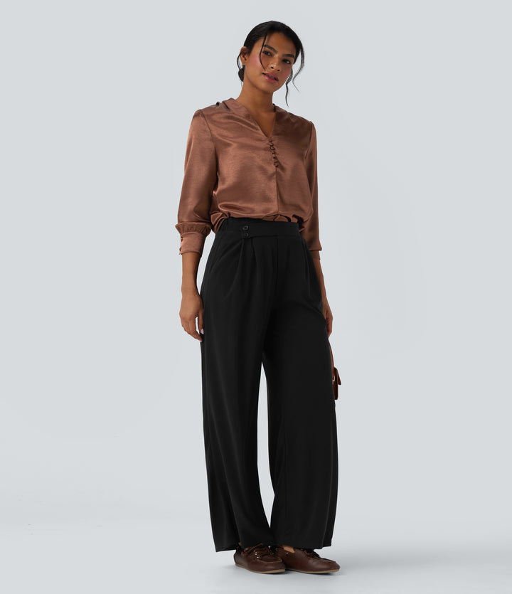 V-neck Long Sleeve Satin Work Top — Russet — view 1