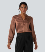 V-neck Long Sleeve Satin Work Top — Russet — view 2