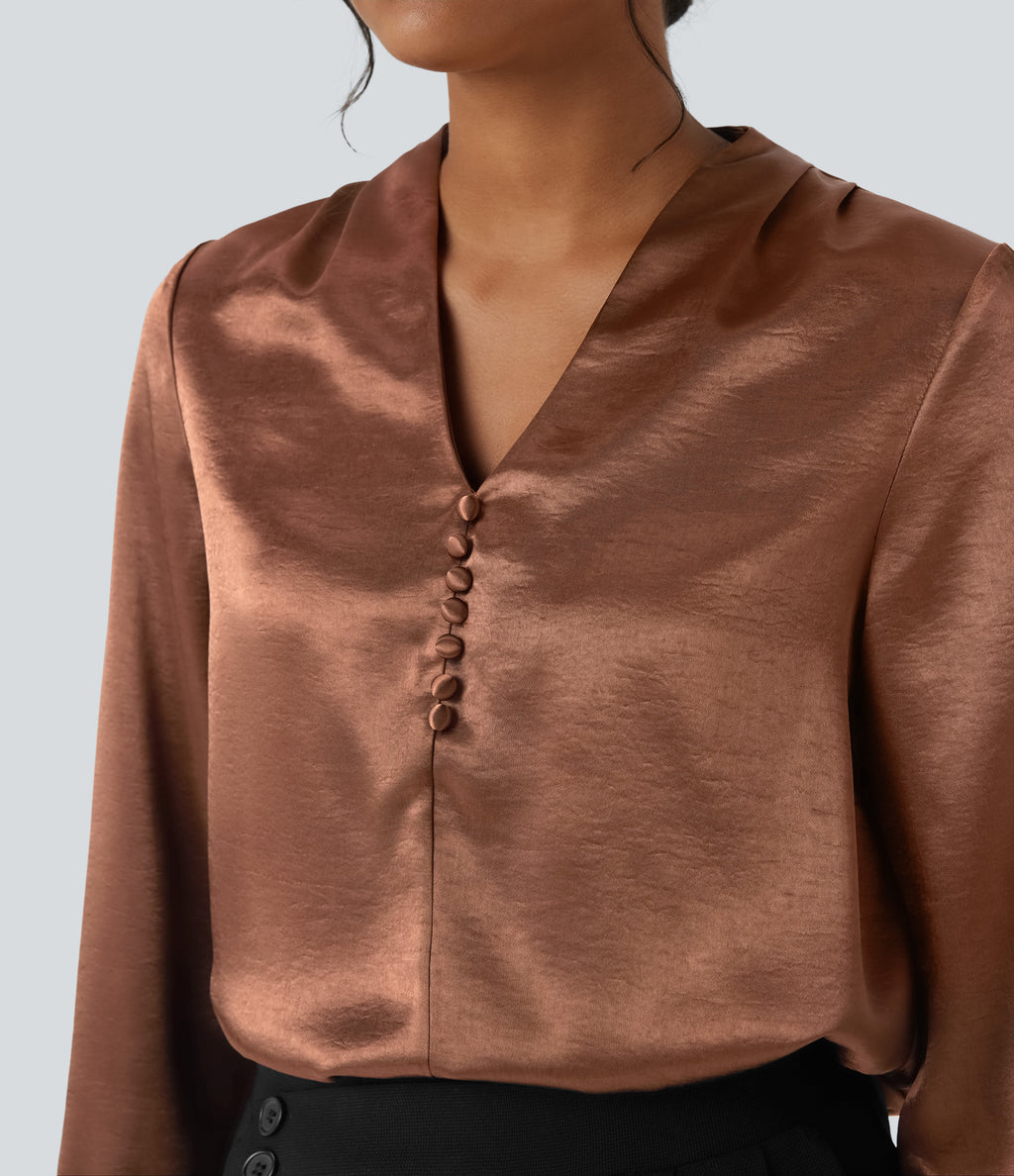 V-neck Long Sleeve Satin Work Top — Russet — view 6