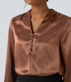 V-neck Long Sleeve Satin Work Top — Russet — view 6