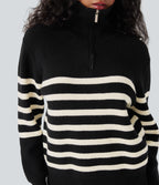 Half Zip Lapel Color Block Striped Casual Jumper — Black — view 5