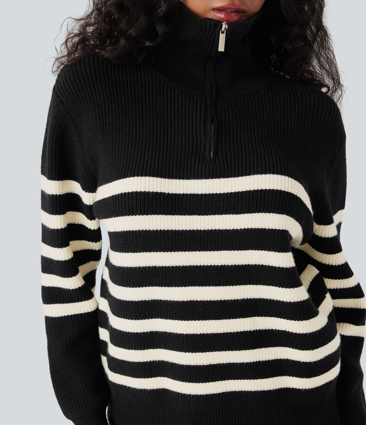 Half Zip Lapel Color Block Striped Casual Jumper — Black — view 5