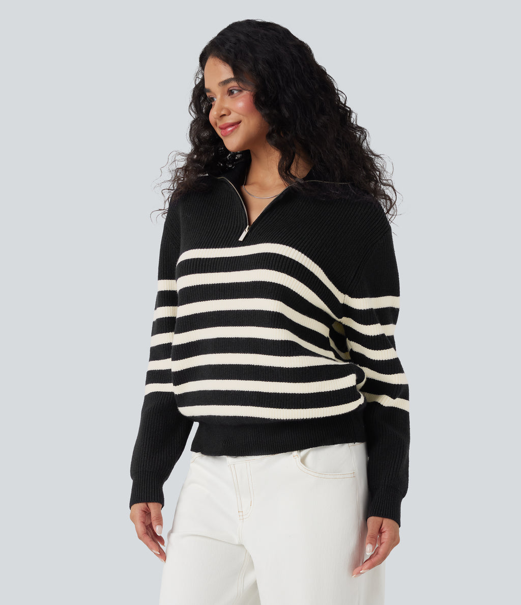 Half Zip Lapel Color Block Striped Casual Jumper — Black — view 3