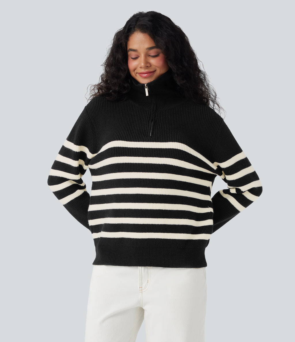 Half Zip Lapel Color Block Striped Casual Jumper — Black — view 4