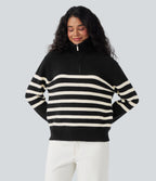 Half Zip Lapel Color Block Striped Casual Jumper — Black — view 4