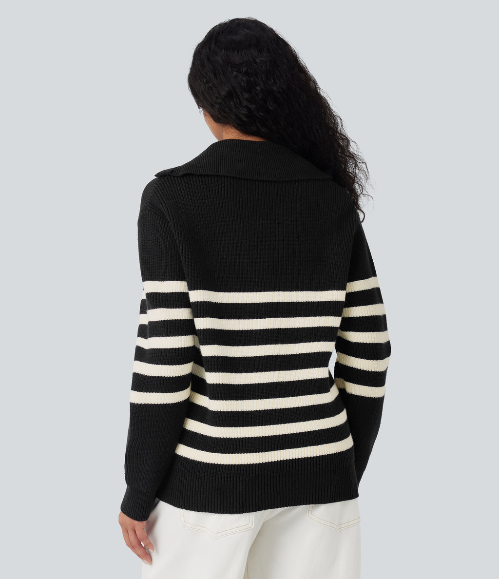 Half Zip Lapel Color Block Striped Casual Jumper — Black — view 2