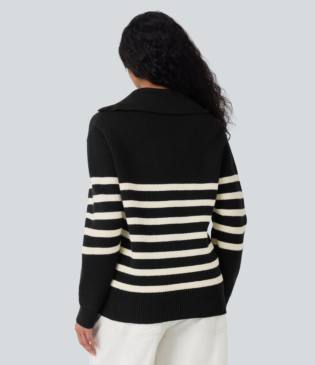 Half Zip Lapel Color Block Striped Casual Jumper — Black — view 2