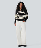 Half Zip Lapel Color Block Striped Casual Jumper — Black — view 6