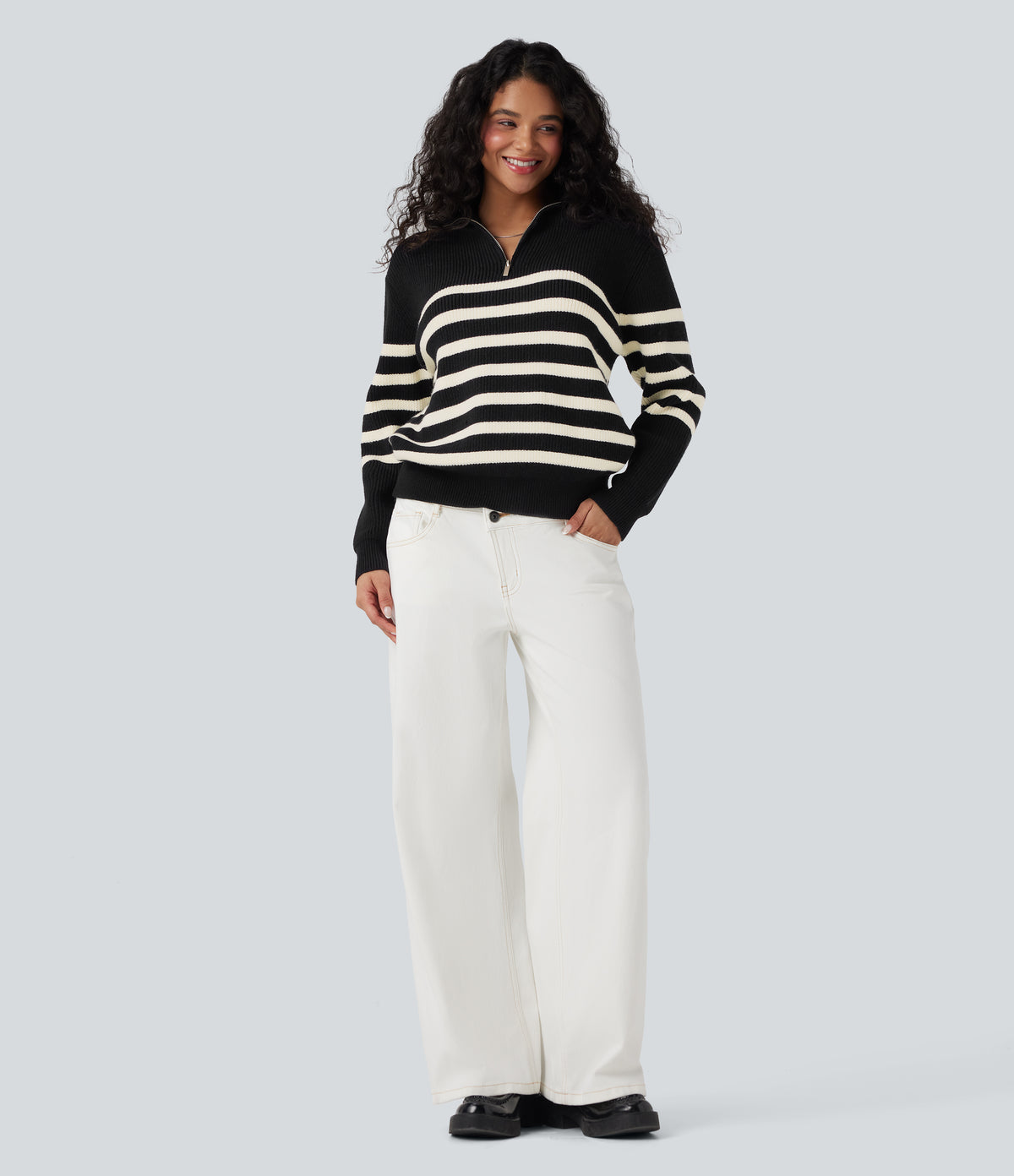 Half Zip Lapel Color Block Striped Casual Jumper — Black — view 6