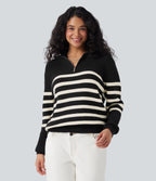 Half Zip Lapel Color Block Striped Casual Jumper — Black — view 1