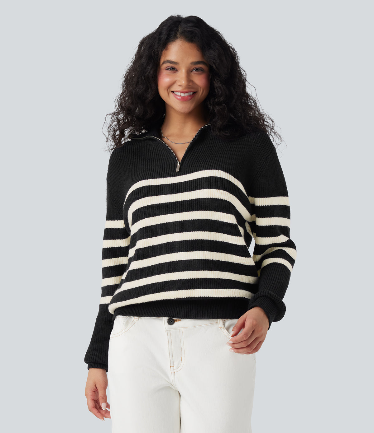 Half Zip Lapel Color Block Striped Casual Jumper — Black — view 1