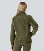 Stand Collar Long Sleeve Casual Sherpa Jacket with Pockets — Moss Green — view 2