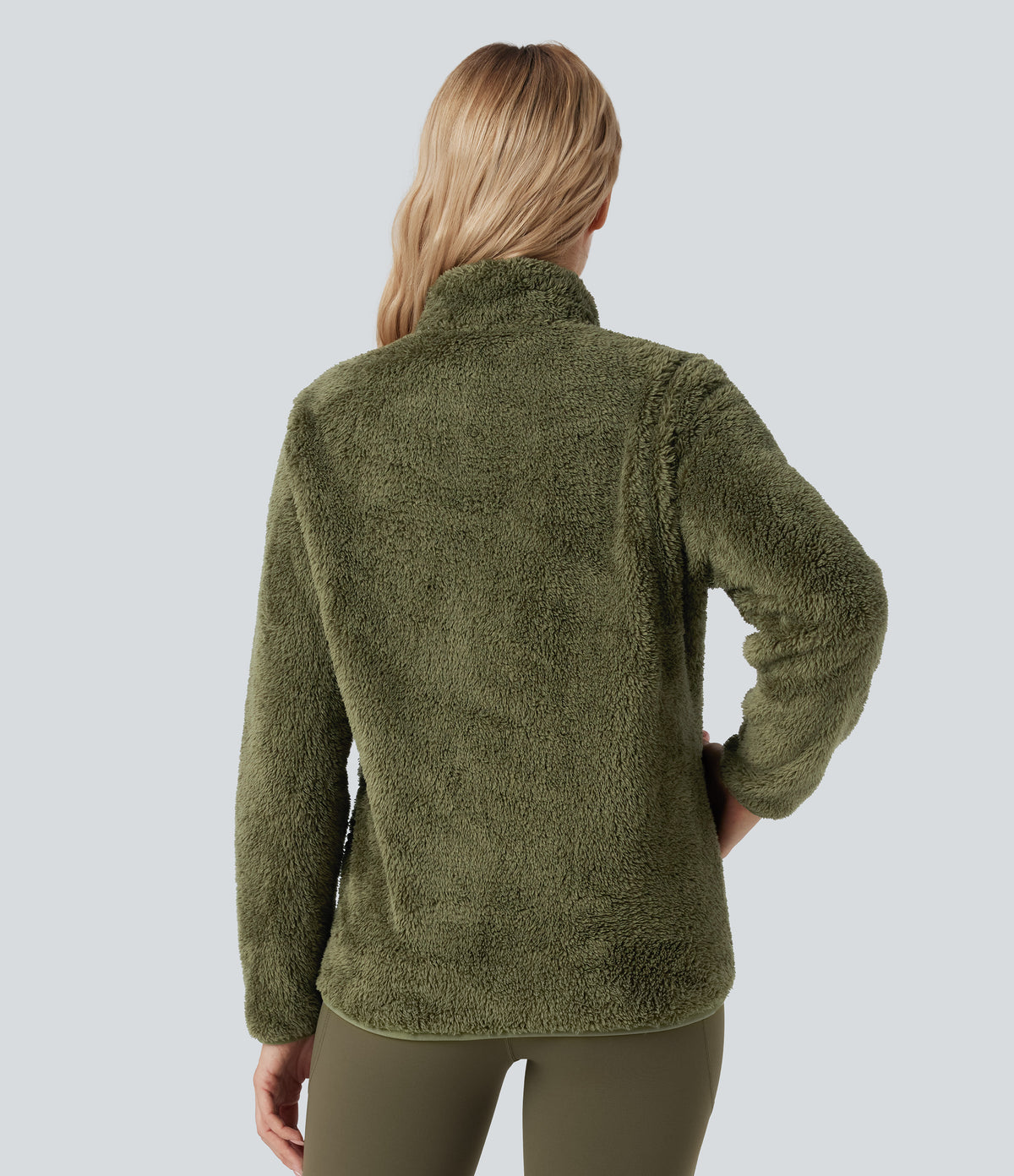 Stand Collar Long Sleeve Casual Sherpa Jacket with Pockets — Moss Green — view 2