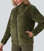 Stand Collar Long Sleeve Casual Sherpa Jacket with Pockets — Moss Green — view 4