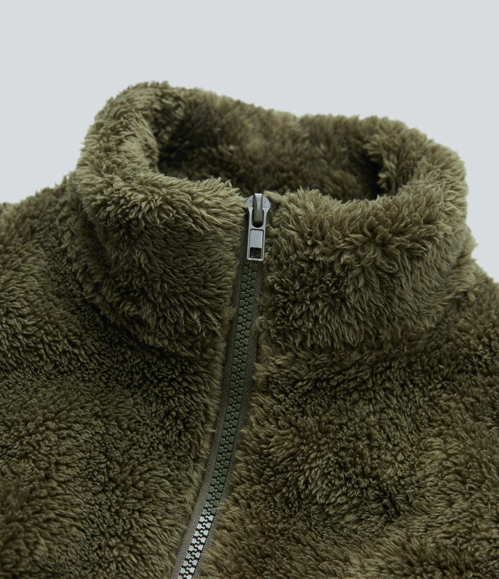 Stand Collar Long Sleeve Casual Sherpa Jacket with Pockets — Moss Green — view 7