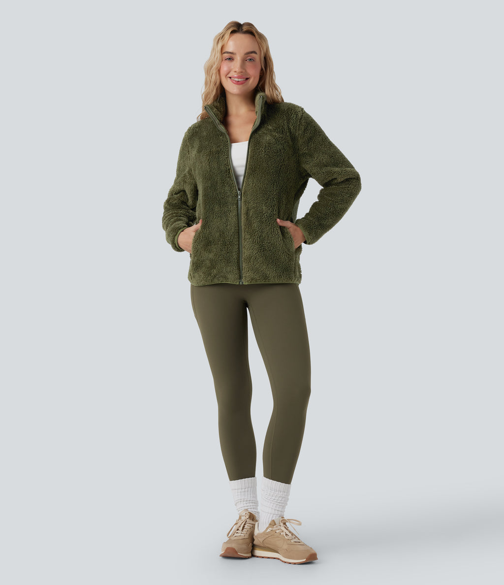 Stand Collar Long Sleeve Casual Sherpa Jacket with Pockets — Moss Green — view 6