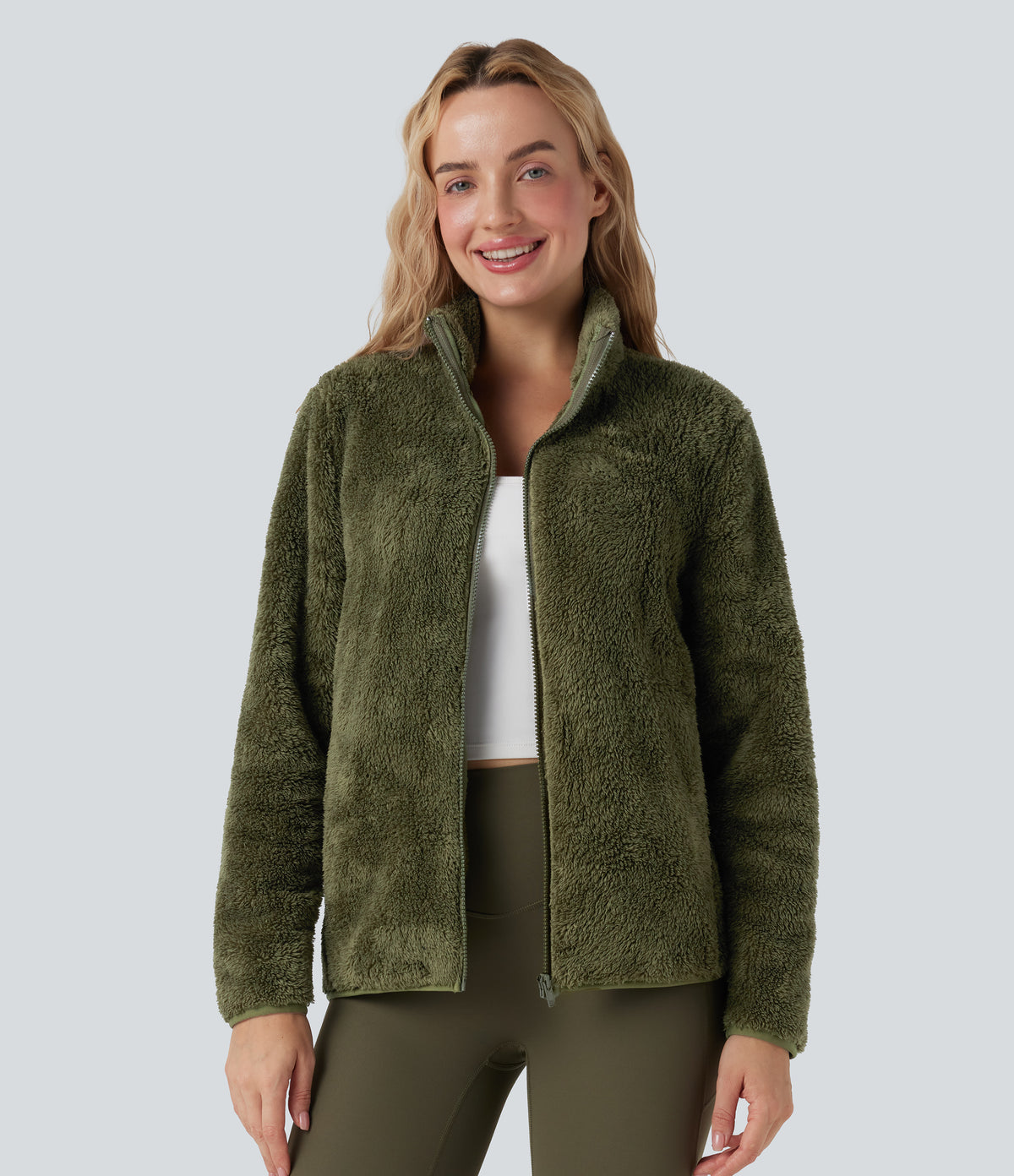 Stand Collar Long Sleeve Casual Sherpa Jacket with Pockets — Moss Green — view 1