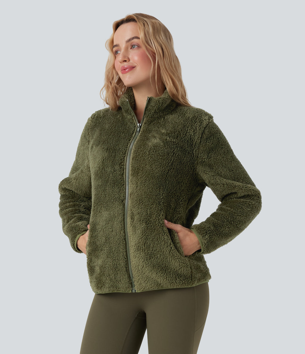 Stand Collar Long Sleeve Casual Sherpa Jacket with Pockets — Moss Green — view 5