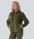 Stand Collar Long Sleeve Casual Sherpa Jacket with Pockets — Moss Green — view 5