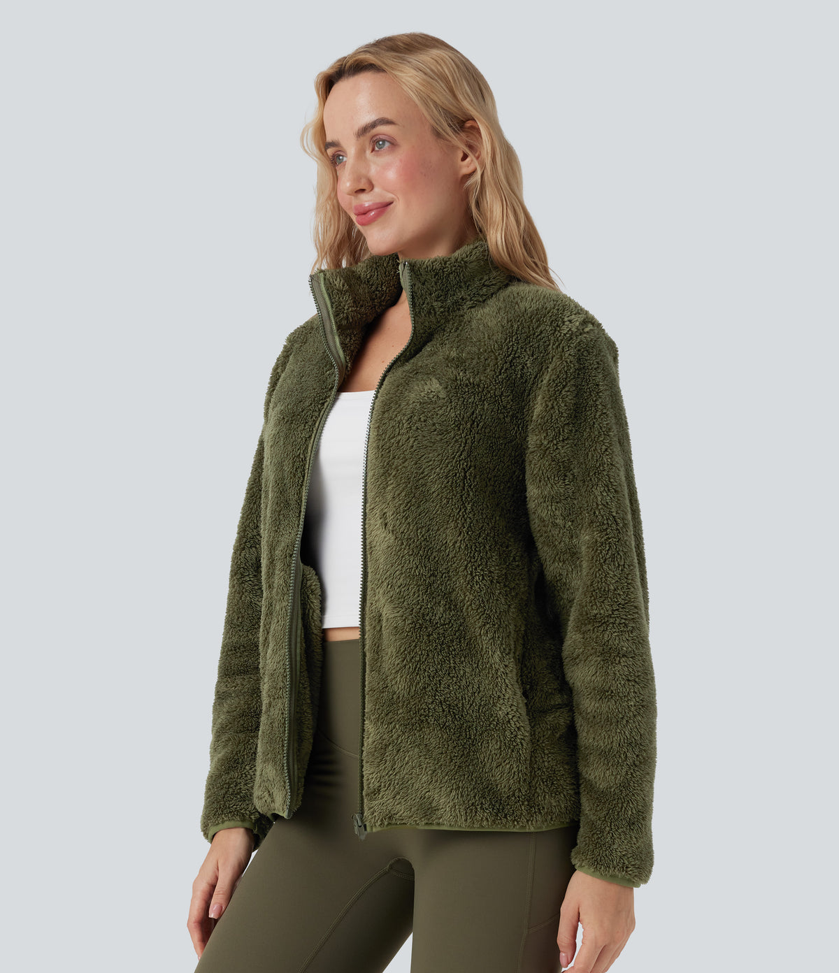 Stand Collar Long Sleeve Casual Sherpa Jacket with Pockets — Moss Green — view 3