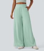 High Waisted Wide Leg Micro Waffle Casual Trousers with Pockets — Misty Jade — view 1
