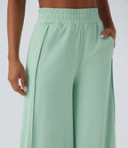 High Waisted Wide Leg Micro Waffle Casual Trousers with Pockets — Misty Jade — view 5