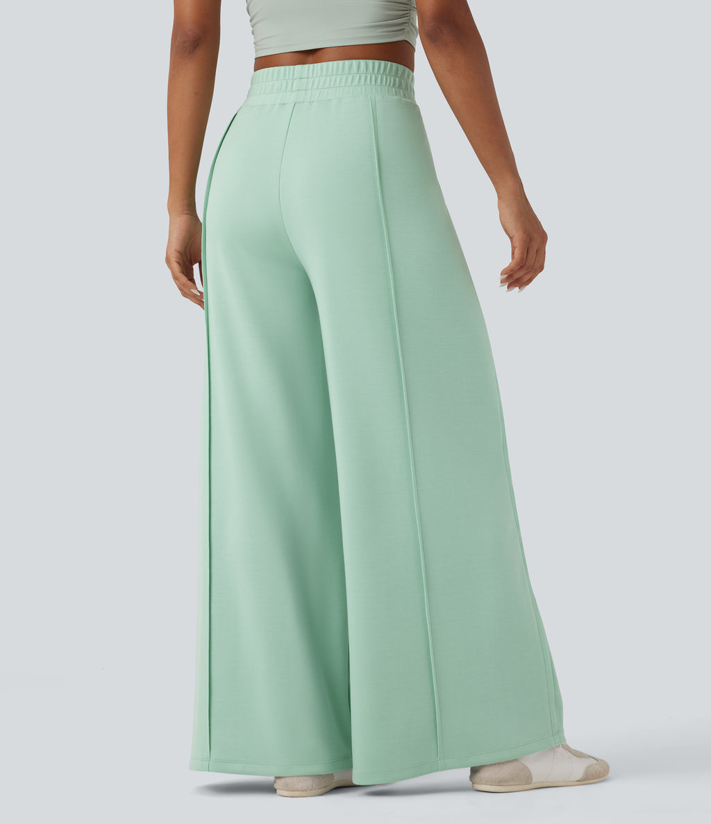 High Waisted Wide Leg Micro Waffle Casual Trousers with Pockets — Misty Jade — view 2