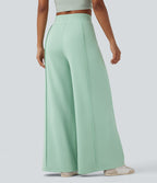 High Waisted Wide Leg Micro Waffle Casual Trousers with Pockets — Misty Jade — view 2