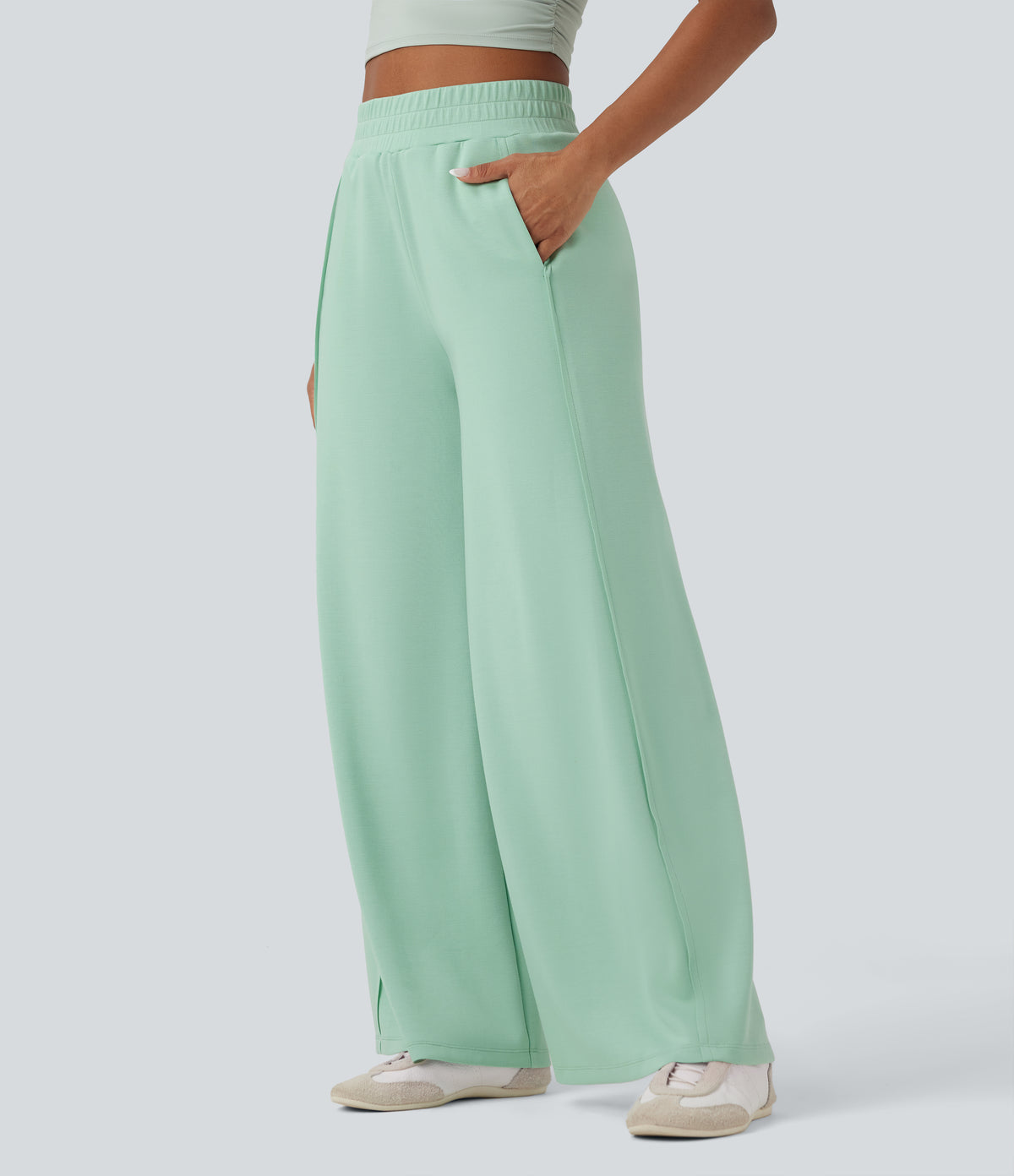 High Waisted Wide Leg Micro Waffle Casual Trousers with Pockets — Misty Jade — view 3