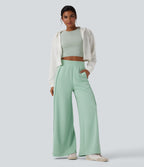 High Waisted Wide Leg Micro Waffle Casual Trousers with Pockets — Misty Jade — view 6