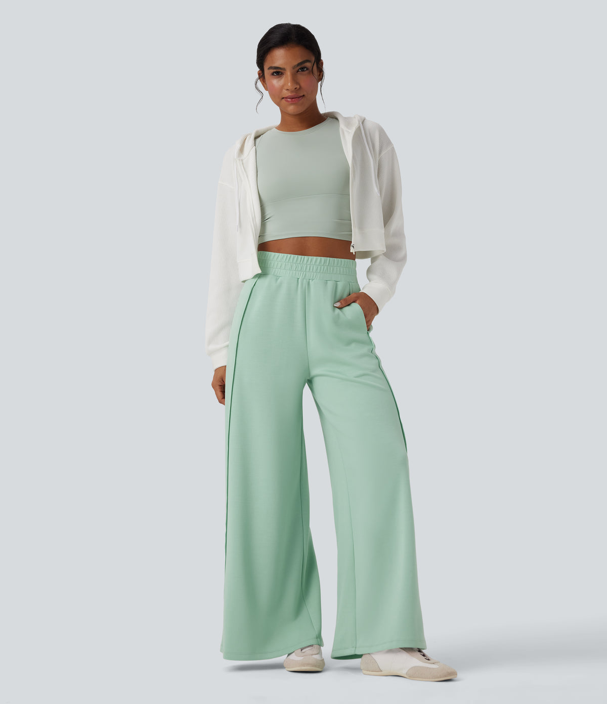 High Waisted Wide Leg Micro Waffle Casual Trousers with Pockets — Misty Jade — view 6