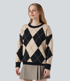Round Neck Long Sleeve Diamond Check Work Jumper — Moonlight Diamond — view 3