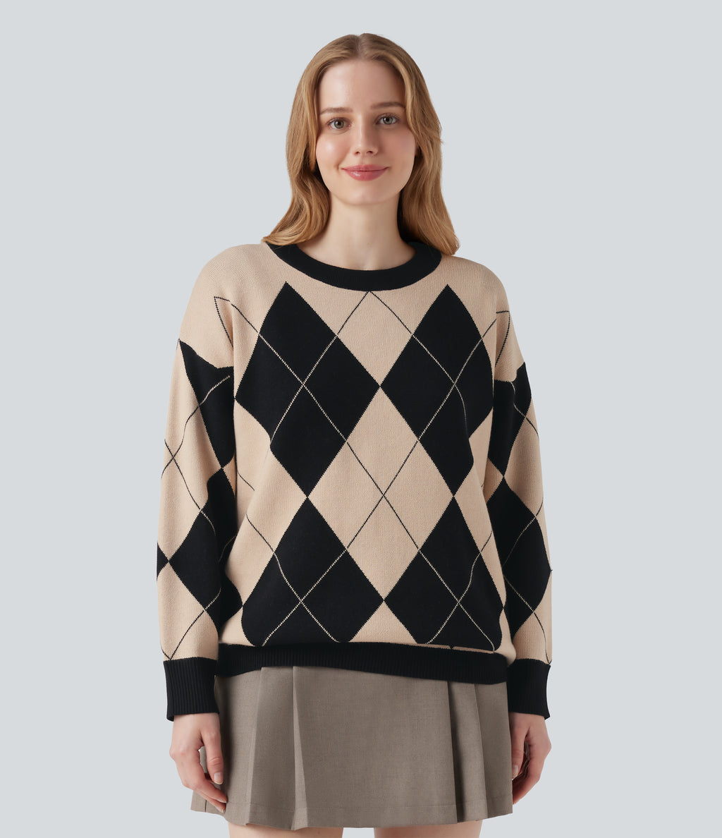 Round Neck Long Sleeve Diamond Check Work Jumper — Moonlight Diamond — view 1